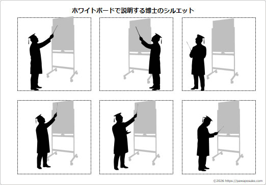 ホワイトボードで説明する博士のシルエットの画像